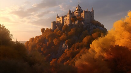 Obraz premium Majestic Castle Perched Atop Autumnal Hillside