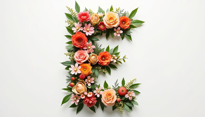 Obraz premium Letter E of the English alphabet, made entirely of colorful flowers