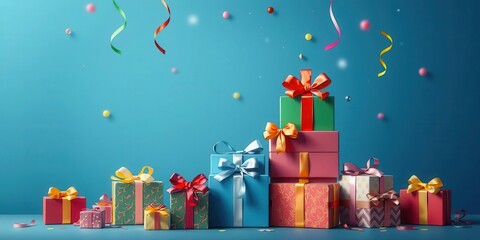 A festive and vibrant stack of colorful gift boxes background, surprises, ribbons, gift