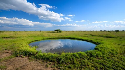 Serene African Savanna Landscape with Watering Hole and Blue Sky
