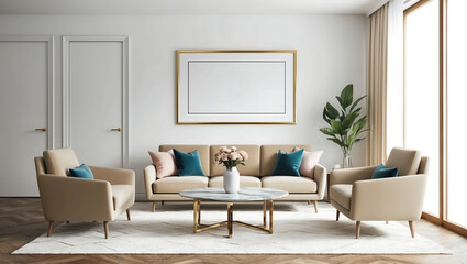 Mock up poster frame in modern interior with leather sofa and accessories in the room. Frame & poster mockup in Boho style interior. 3d illustration