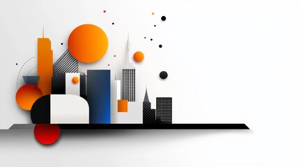 Obraz premium Abstract City Skyline with Geometric Shapes in Bold Colors Featuring Circles and Rectangles Over a Minimalist Background