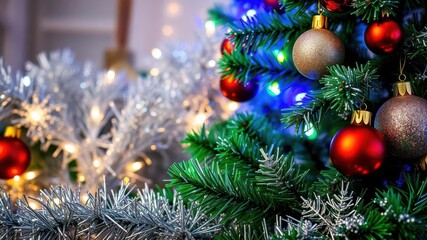 A festive Christmas tree adorned with colorful ornaments and twinkling lights, glitter, decor, winter