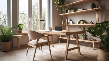 Obraz premium Modern Wooden Home Office Workspace Design With Plants