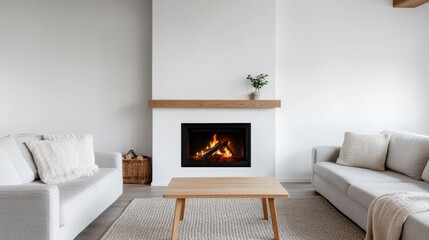 Fototapeta premium Cozy Living Room with Modern Fireplace and Minimalist Decor Featuring Warm Lighting and Natural Textures for Ultimate Comfort and Relaxation