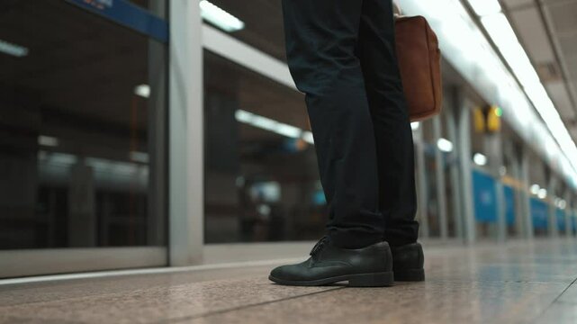Smart executive manager walking along at train while holding bag and headphone.Handsome attractive business man going back to home at train station.Expert investor using public transport. Exultant.