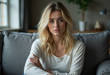 A young woman with blonde hair sits on a couch, looking thoughtful.