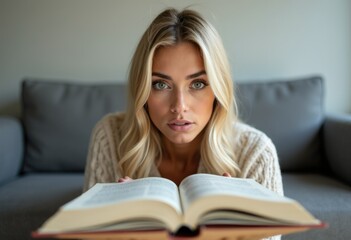 A young woman with blonde hair reads a book while sitting on a couch.