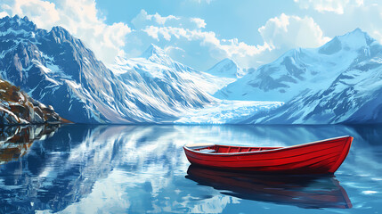 Obraz premium Red boat on lake with snow mountain background. Arcadia. Illustration