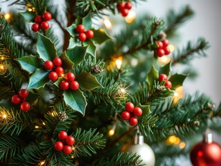 A realistic artificial Christmas tree covered in sparkling ornaments and white lights isolated on a white background, festive, festive, holly