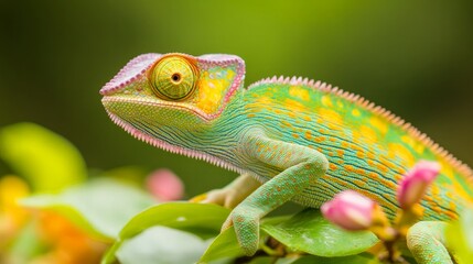 Fototapeta premium Vibrant chameleon on a leaf tropical rainforest wildlife photography close-up view colorful nature scene