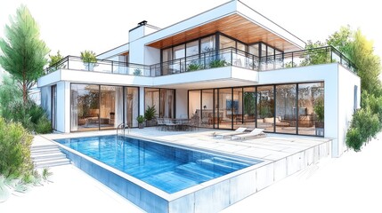 Obraz premium Modern house design with pool and outdoor space 