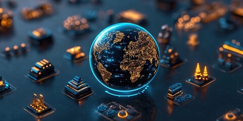 A glowing globe surrounded by illuminated buildings, representing a digital world map with a futuristic aesthetic.