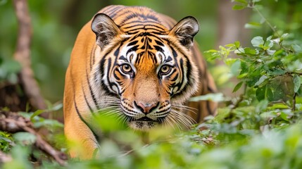 Fototapeta premium Majestic tiger stalking prey in lush jungle wildlife photography captivating natural environment close-up perspective