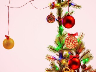 A vibrant and festive Christmas tree adorned with colorful ornaments and glowing lights, standing tall against a white background, seasonal, glowing, ornaments