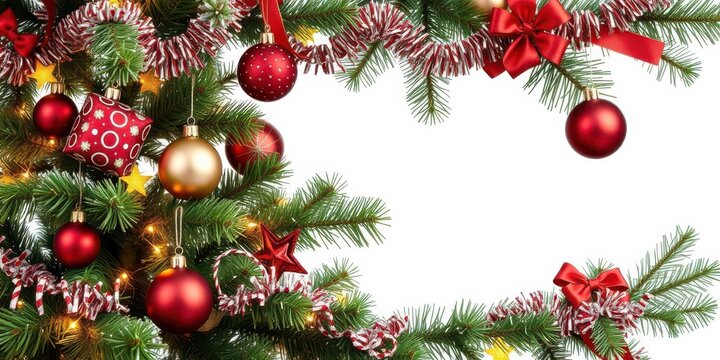 A vibrant and fully decorated Christmas tree standing tall and isolated on a white background, jolly, tree, ornaments