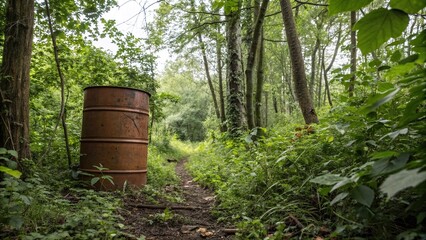 Obraz premium Chemicals in a brown barrel amidst forest foliage, natural environment, wilderness neglect, forest foliage
