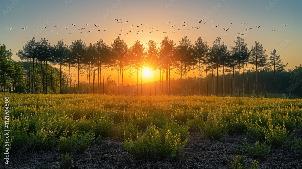 Aufkleber young deciduous trees growing in rows creating a new forest, in the background the rising sun and bi