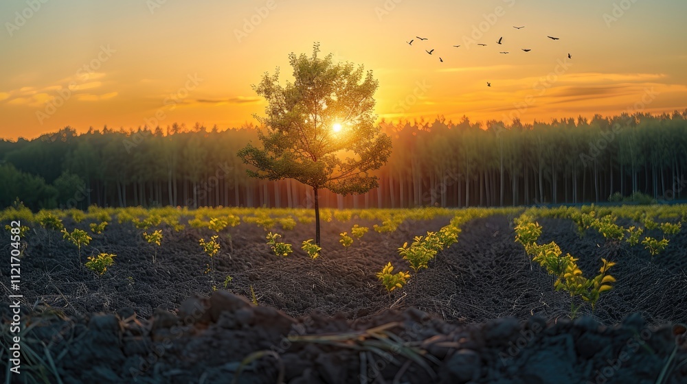 Aufkleber young deciduous trees growing in rows creating a new forest, in the background the rising sun and bi