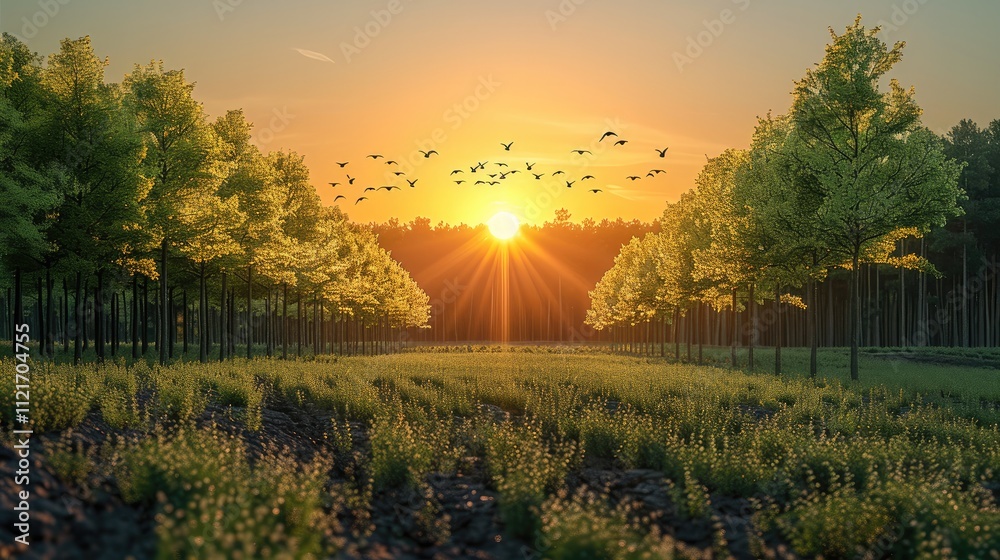 Poster young deciduous trees growing in rows creating a new forest, in the background the rising sun and bi