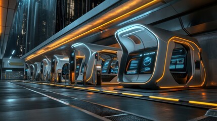 Futuristic transport pods in a sleek urban environment 