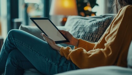 Person Using Tablet to Manage Tasks While Sitting Comfortably on Sofa in Cozy Living Room Setting