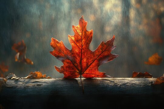 A single, vibrant orange maple leaf rests on a dark wooden surface, bathed in soft light, creating a serene autumnal scene.
