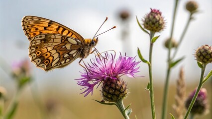 Fototapeta premium Close-up of a melitaea phoebe butterfly sipping nectar from a knapweed flower on a warm summer day, nature, melitaea phoebe, fritillary