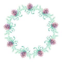 Wreath of spruce branches and pine cones with blue bows hand painted with watercolors