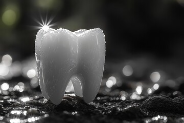 A sparkling white tooth under a spotlight. Free copy space.