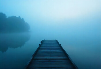 Fototapeta premium A foggy lake with a single wooden pier leading out into the water.