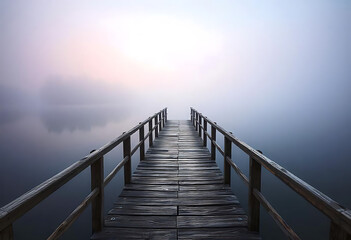 A foggy lake with a single wooden pier leading out into the water.