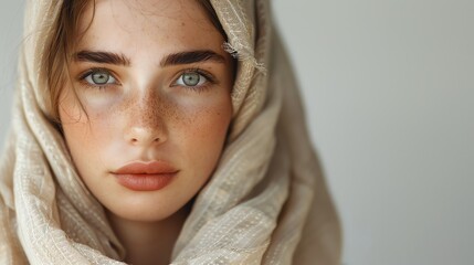 Obraz premium Close-up portrait of a young woman with freckles and green eyes, wearing a beige headscarf.