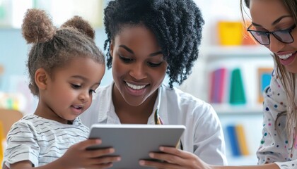 Obraz premium Dedicated therapist engaging with child using tablet for interactive learning and development in a nurturing environment