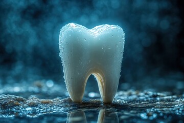 A sparkling white tooth under a spotlight. Free copy space.