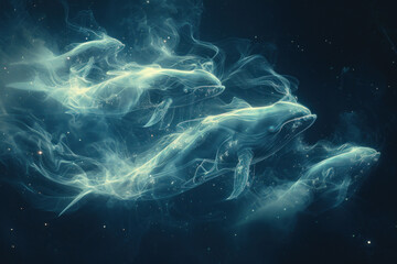 white smoky ghosts of giant space whales in the night sky,.     