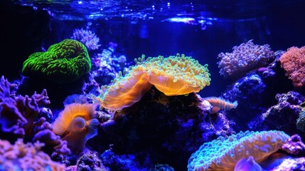 Majestic underwater world, vibrant coral reef, glowing bioluminescent creatures, shimmering light through crystal-clear water, marine life in perfect harmony, serene deep ocean tranquility,