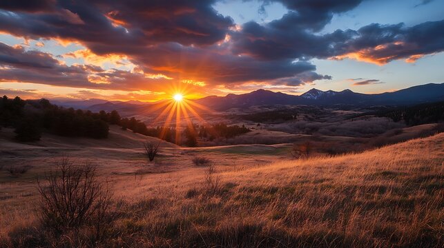 Golden hour sunset over rolling hills and mountains. Dramatic sky with vibrant colors.