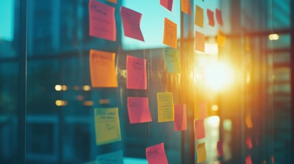 Glass wall covered with sticky notes, sunlight reflecting, sharp focus on colorful details, dynamic office teamwork mood, creative problem-solving environment