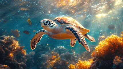 Fototapeta premium Sunlit Ocean Reef Teeming with Marine Life and Turtles