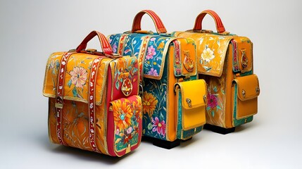 17. School bag set from Thailand with intricate, gold-accented patterns and vibrant, tropical colors