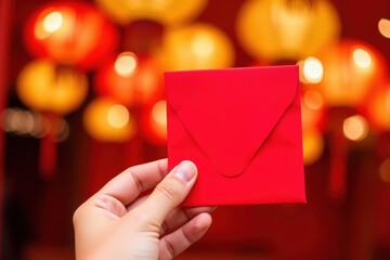 Hand Holding Red Envelope Against Background of Lanterns, Symbolizing Good Fortune and Joy in Celebrations, Representing Traditions and Cultural Festivities