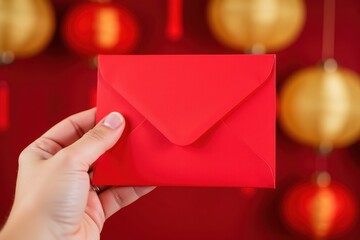 Hand Holding a Bright Red Envelope Against a Festive Background of Gold Lanterns, Symbolizing Celebration, Tradition, and Special Occasions