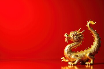 Fototapeta premium Golden Chinese Dragon Decoration on Red Background, Symbolizing Prosperity and Good Fortune During New Year Celebrations in Asian Cultures