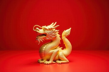 Fototapeta premium Golden Chinese Dragon Symbolizing Prosperity and Good Fortune for Chinese New Year Celebrations Against a Bold Red Background