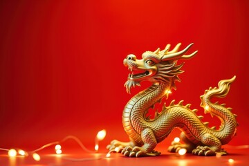 Fototapeta premium Golden Chinese Dragon Figurine Illuminated by Bright Fairy Lights on a Vibrant Red Background for Celebrating Lunar New Year Festivities and Traditions