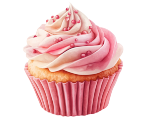 A beautifully frosted cupcake with swirls of pink icing and decorative sprinkles on top.