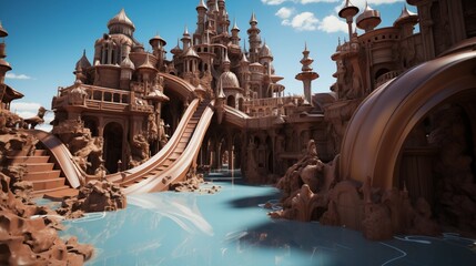 A whimsical photorealistic water slide shaped like a chocolate castle, captured with the rule of thirds for an artistic touch.