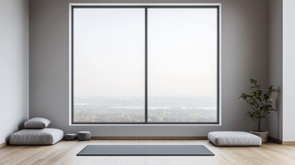 Fototapeta premium Urban Oasis, Find your inner peace in this serene minimalist yoga studio apartment with breathtaking city views.