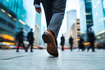 Naklejka na ściany i meble Ambitious stride through urban sprawl. A businessman's journey unfolds in the concrete jungle.